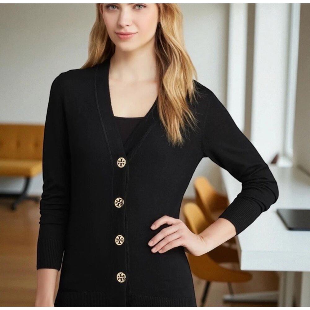 NWT Tory Burch Simone Cardigan Black Gold Logo Buttons Wool Silk Blend M